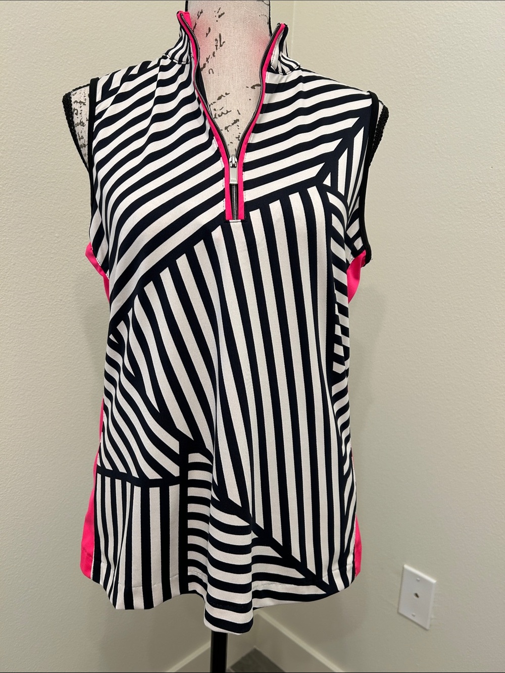 Tail Black & White Striped Tank with Hot Pink Trim